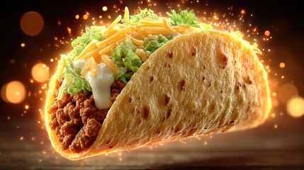 Floating Taco Surrounded by Vibrant Golden Particles, Embodying a Playful Blend of Culinary Delight and Mystical Energy in a Mesmerizing Spectacle