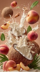 Fresh Coconuts and Juicy Peaches Dance in an Explosion of Coconut Milk, Celebrating a Tropical Paradise With Rich Flavors and Vibrant Colors in a Harmonious Blend