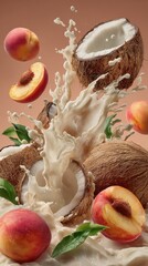 Fresh Coconut Juice Explosively Splashes From Cracked Shells Amid a Vibrant Display of Coconut Milk, Coconuts, and Juicy Peaches in a Delightful Tropical Composition