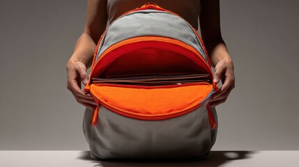 Emphasizing Modern Design, an Open Schoolbag Showcases Its Vibrant Orange Interior While Being Held by Two Hands Against a Subtle Gray Backdrop, Blending Style and Functionality Seamlessly