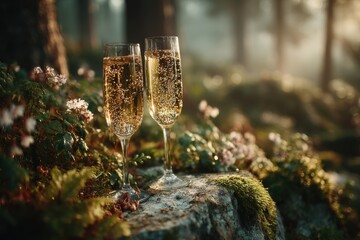 Elegance in the Mist: Two Champagne Flutes Celebrating Life's Moments in an Enchanted Forest at Sunrise