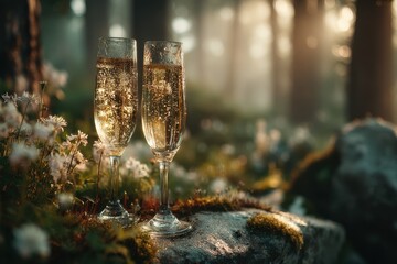 Enchanting Morning Toast in a Mystical Forest as Sunlight Dances on Elegant Champagne Flutes Filled With Sparkling Wine