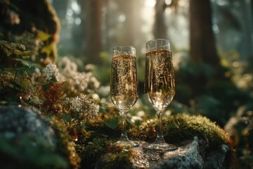 Two Elegant Champagne Flutes Filled With Sparkling Wine Resting on a Moss-Covered Rock in an Enchanting Misty Forest at Sunrise