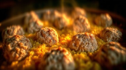 Moist Turkey Meatballs Nestle in Creamy Pumpkin Puree Illuminated by Sunlight, Capturing the Warmth and Rich Textures in a Delectable Culinary Masterpiece