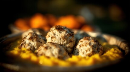 Moist Turkey Meatballs Enjoyed in Creamy Pumpkin Puree, Basking in Sunlight With Steam Rising, Creating a Cozy Culinary Moment