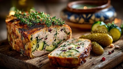 Explore the Rustic Delight of Traditional French Rabbit Terrine Garnished With Fresh Thyme, Served on a Wooden Board in a Charming Countryside Setting