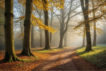 Fototapeta premium Hampstead Heath woodland path on a misty autumn morning, sunlight filtering through oaks and beeches in yellows and browns. Thick fallen leaves line the muddy trail, perfect for walking, autumn forest