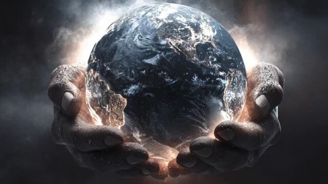 Rough hands gently hold Earth, glowing slightly amidst a smoky background - Powered by Adobe