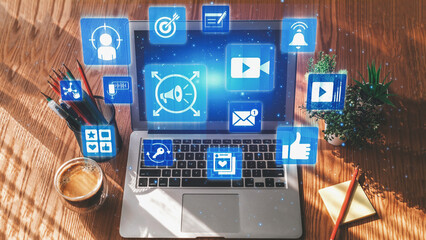 Content marketing interface with data dashboards, analytics charts, and content tools. Marketing...