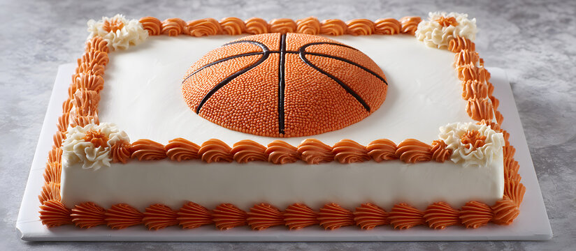 White iced rectangular basketball-themed sheet cake featuring a central orange basketball decoration with burnt orange borders on a white background.