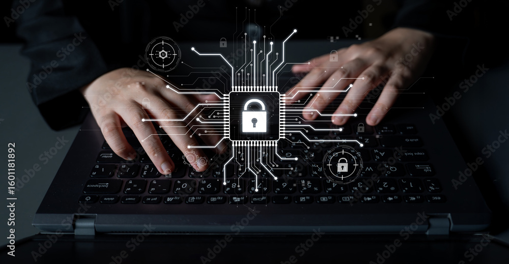 Poster cyber security system protecting digital infrastructure. cyber security ensures data safety, prevent