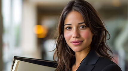 A confident young professional woman in a black blazer holds a folder while looking directly at the