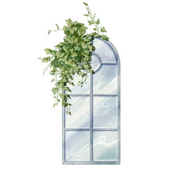 Watercolor illustration of ivy climbing on a window. Lush foliage, leaves on a white background. For flower shops, printing on postcards, business cards, botanical prints, etc.