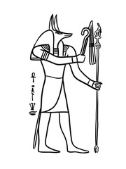 Black and white vector illustration of Anubis, the ancient Egyptian god of the afterlife, shown with a jackal head, holding a staff and scepter. Isolated on white background with hieroglyphics.