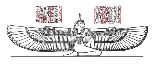 Black and white vector drawing of Isis, ancient Egyptian goddess of magic and motherhood, depicted kneeling with large outstretched wings and hieroglyphics. Isolated on white background.
