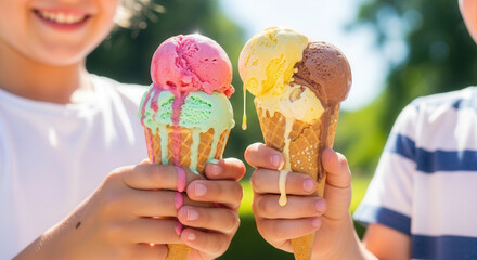 Children holding melting ice cream cones outside on a sunny day. A sweet summer treat creating joy and happiness. Childhood memories, fun, indulgence.