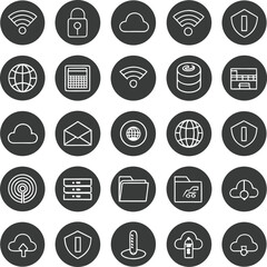 Collection of white line art technology and security icons on dark gray circles wifi