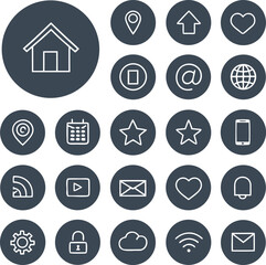 Collection of white outline icons on dark grey circles representing digital communication and services