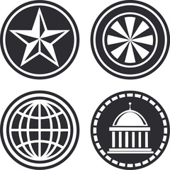 Four circular emblems featuring a star a wheel a globe and a building