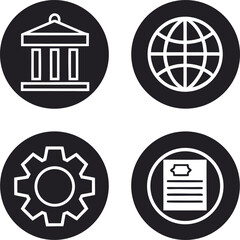 Four circular icons depicting a building a globe a gear and a document vector