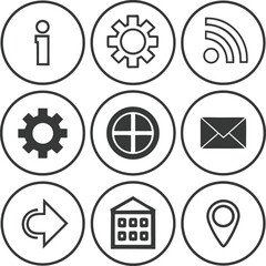 Nine black and white simple icons in circles including information gear R S mail map and calendar