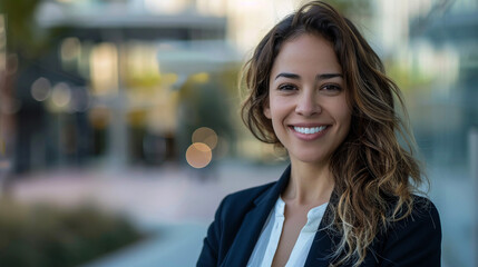 A confident and smiling professional woman in a suit stands outside a modern office building with a