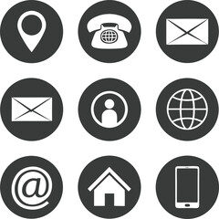 Nine white contact icons on dark gray circular backgrounds arranged in a 3x3 grid