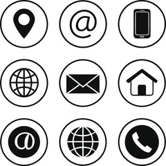 Set of nine black and white contact icons including location phone email and globe