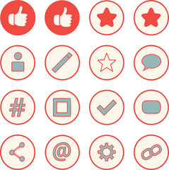 Set of sixteen social media and interface icons in red and blue on cream background