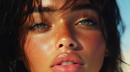 Close-up portrait of a woman with sun-kissed skin.