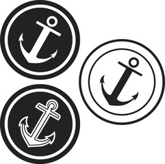 Three black and white anchor icons in circular frames on white background nautical