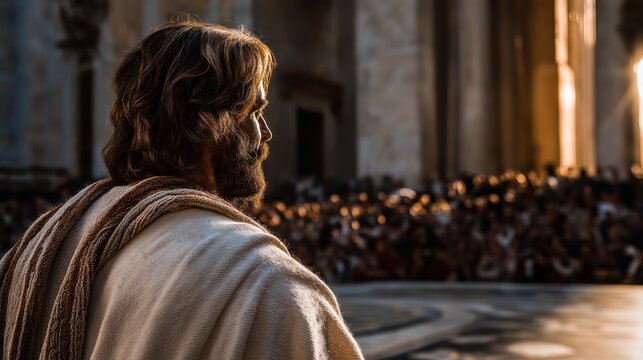 Jesus teaching in sunlit temple courtyard, standing on marble dais with arms outstretched &ndash; soft rays illuminate mosaic floor and ancient prophetic carvings in sacred silence.