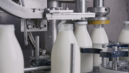 Automatic machine capping milk bottles in dairy