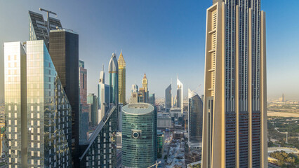 Skyline view of the buildings of Sheikh Zayed Road and DIFC timelapse in Dubai, UAE.