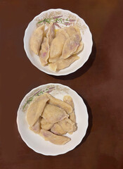 Homemade dumplings on ceramic plates, traditional Ukrainian food, cooked varenyky with sweet berry filling