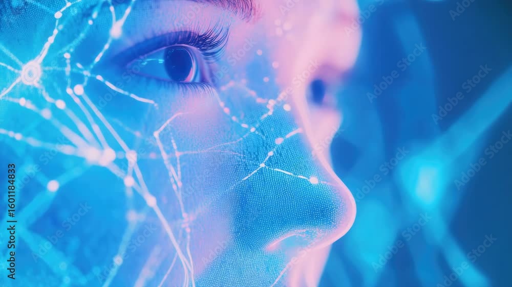Poster a person's face blending with digital neural connections and brain network, symbolizing modern tech 