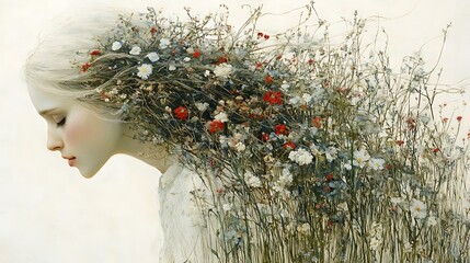 A young woman with a head full of wildflowers.