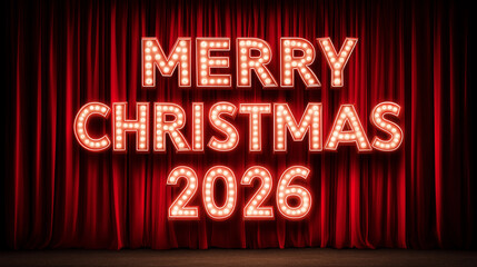 Merry Christmas 2026 illuminated sign with red curtain background shining brightly