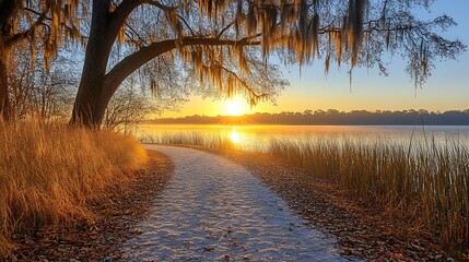 Sunrise path by a tranquil lake.