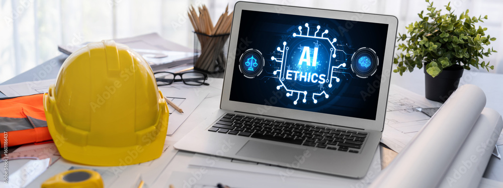 Poster ai ethics responsibility standard law and rules on computer screen provide report of ai ethic transp