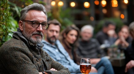 Man sits at outdoor cafe, friends blurred background, evening drinks