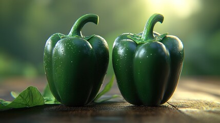 Two green bell peppers on wooden table, sunlight bokeh background, food photography