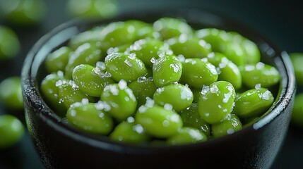 Salted edamame in bowl, close-up, dark background, healthy snack