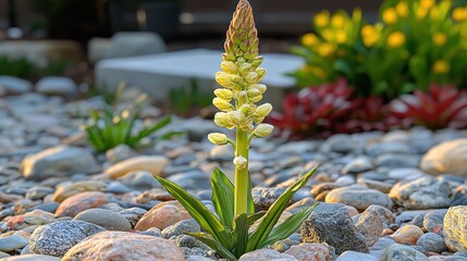 Yellow flower blooming in rock garden, sunset