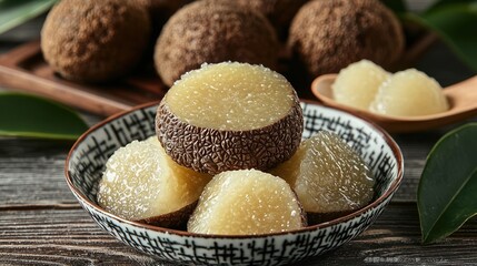 Sweet dessert, halved fruit, wooden table, close-up, healthy snack