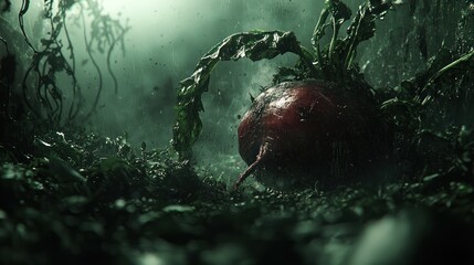 Beetroot harvest, dark fantasy soil, mystical forest, food concept