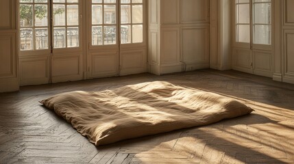 Linen bedding, sunlight, Parisian apartment, floor. Home decor, serene