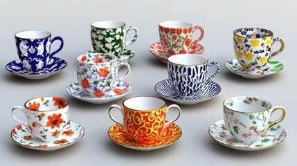 Colorful teacups and saucers, studio shot, white background, home decor