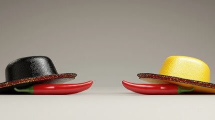 Spicy Mexican Fiesta: A Colorful Still Life of Hats and Chili Peppers