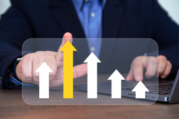 Businessman pushing arrow up, Business competition concept.